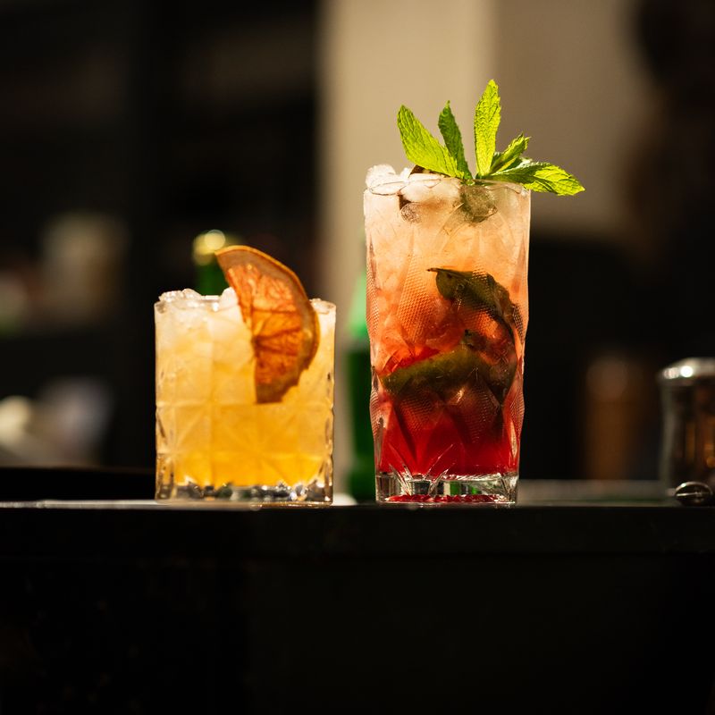 Δύο cocktails με φρέσκια γαρνιτούρα και δυόσμο